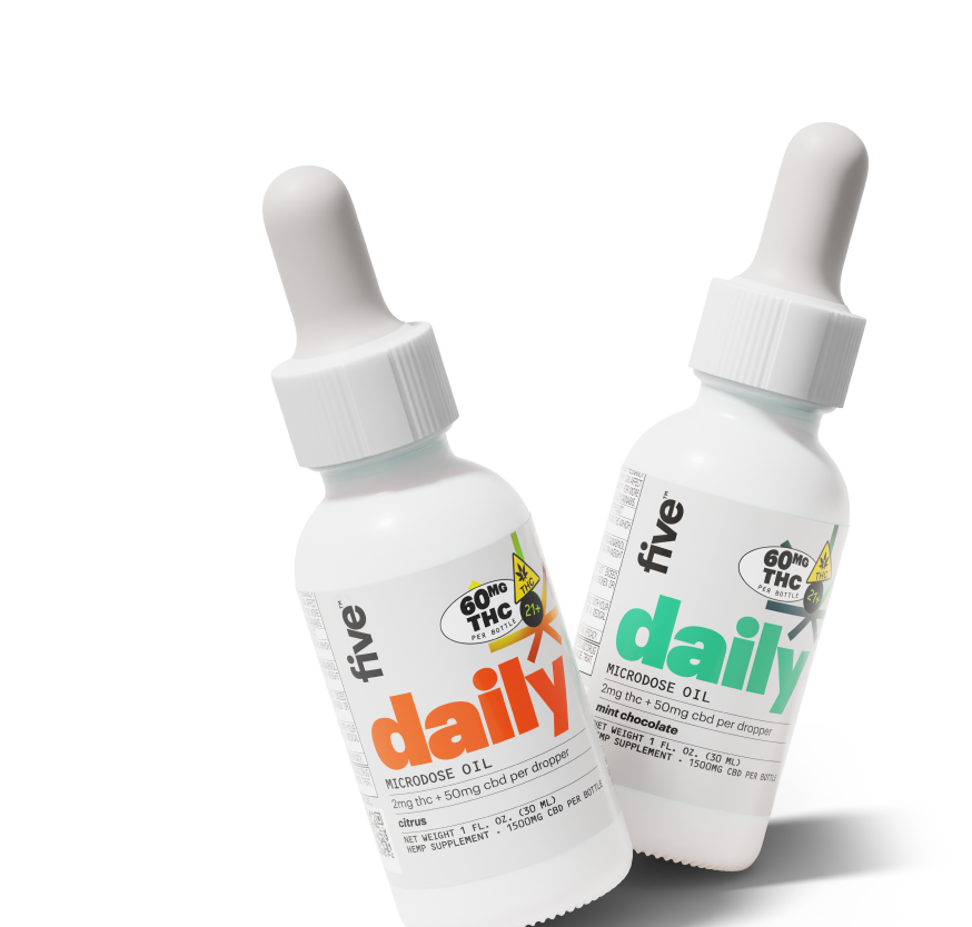 Two dropper bottles labeled five daily MICRODOSE OIL 60MG THC PER BOTTLE 2mg thc + 50mg cbd per dropper citrus mint chocolate
