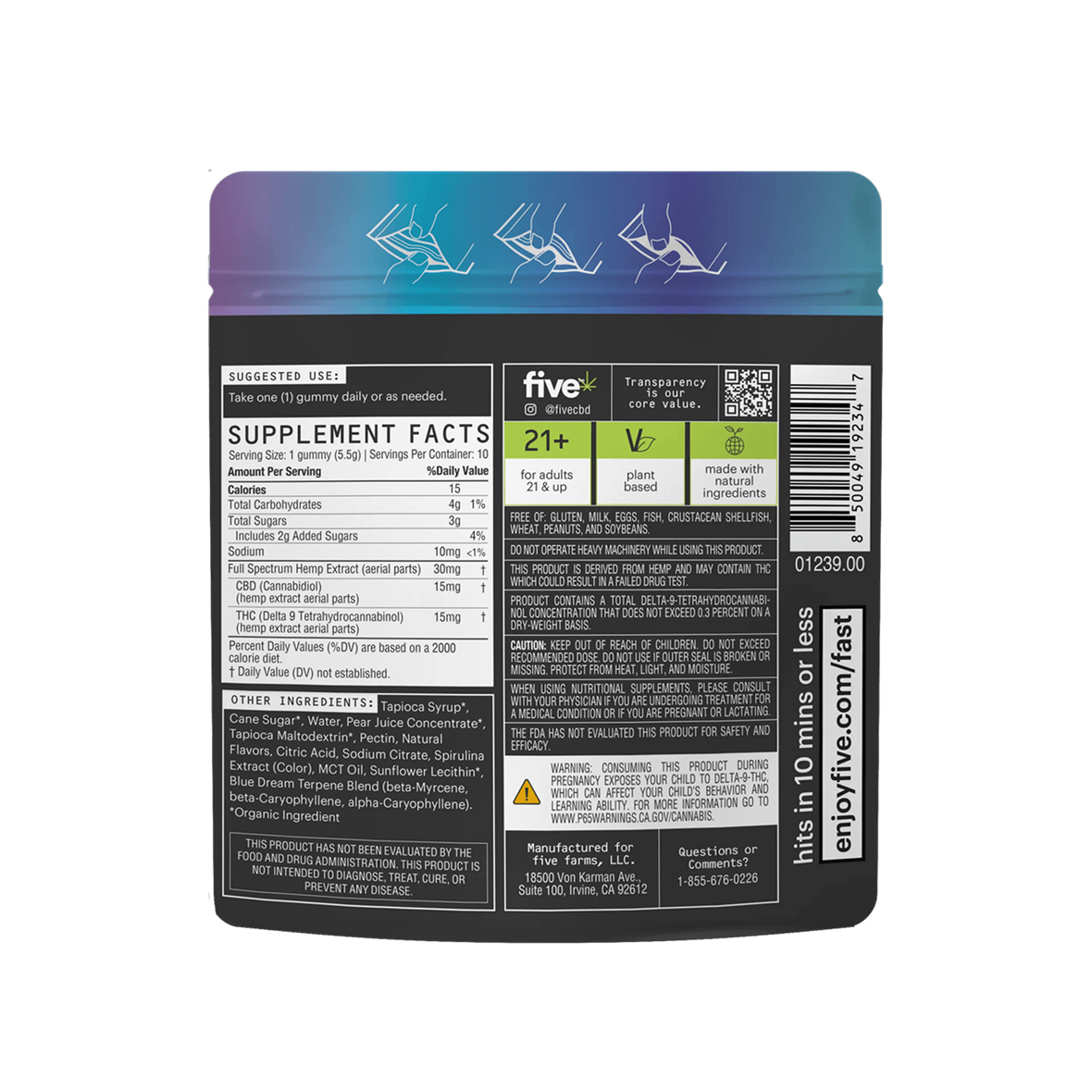 Back view of Five Blue Dream 15 mg Quick Hits gummy pouch showcasing Supplement Facts panel and ingredient list on white background