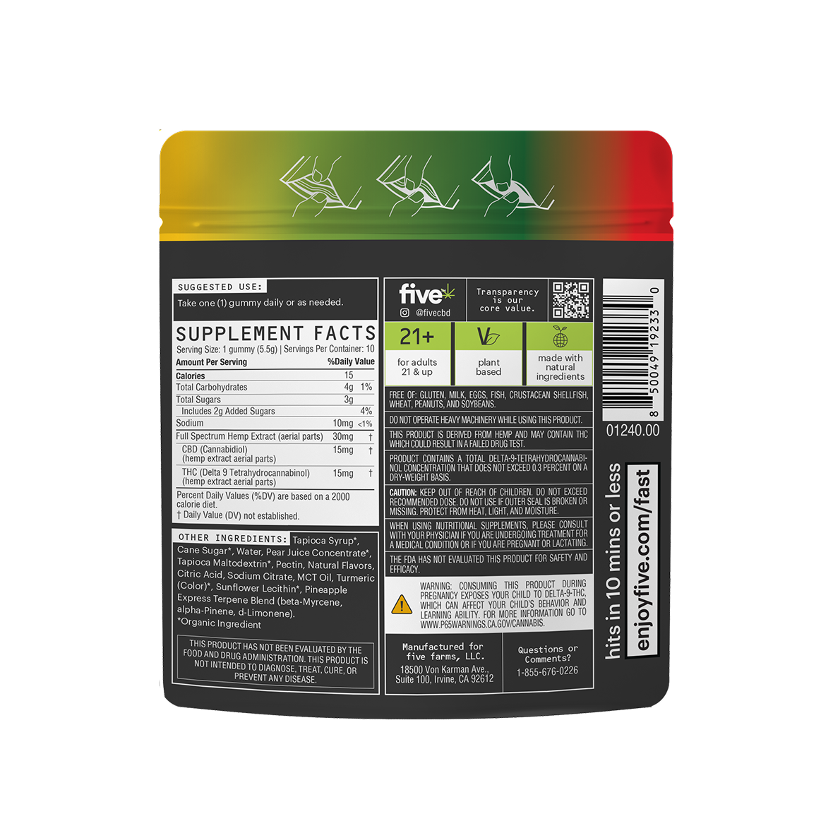 Product label showing supplement facts and ingredient list for Pineapple Express gummies, 15 mg THC per gummy, suggested use, warnings, 21+ and plant‑based icons
