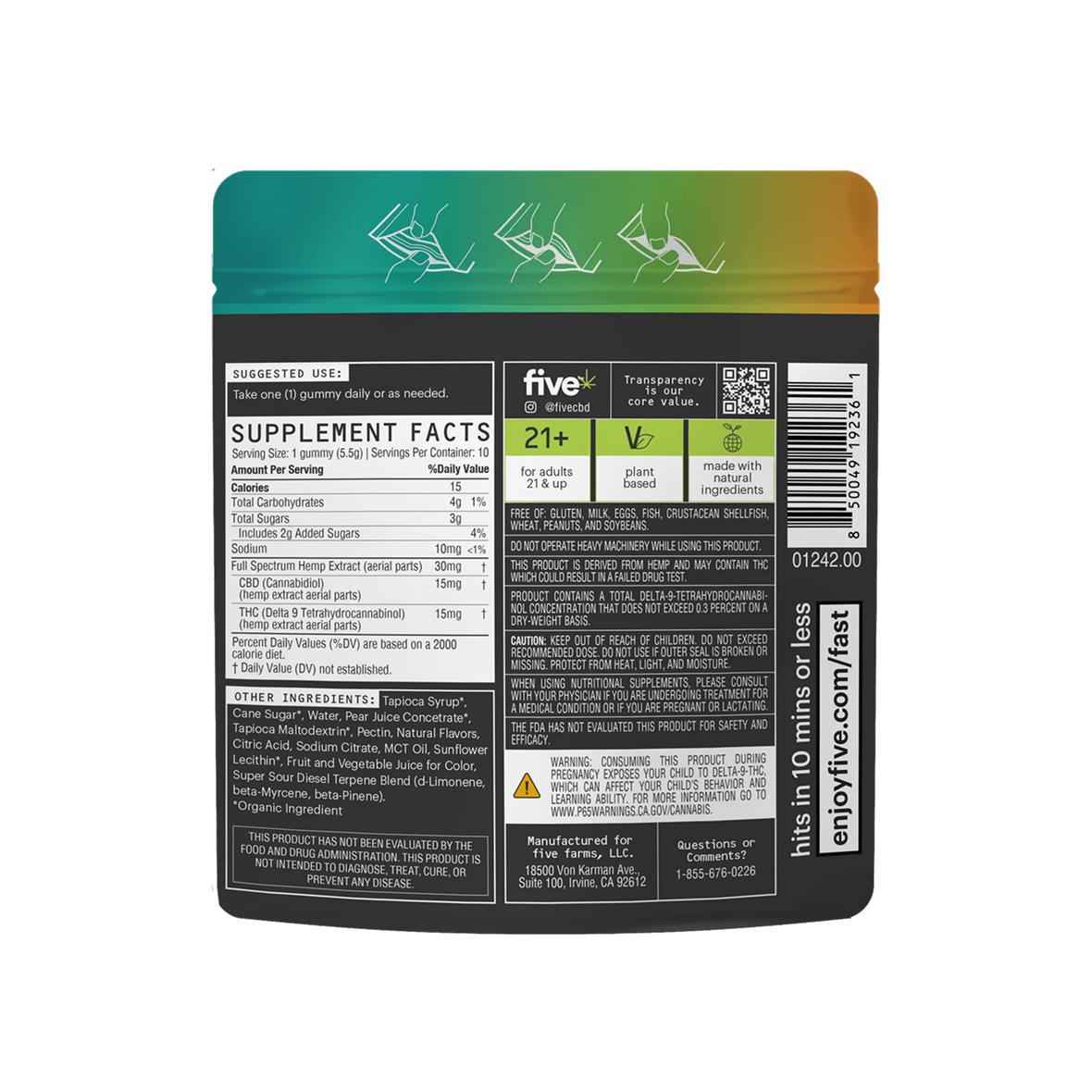 Back view of Five Sour Diesel 15 mg gummy pouch showcasing Supplement Facts panel with ingredient list, dosage, warnings, and barcode on black background