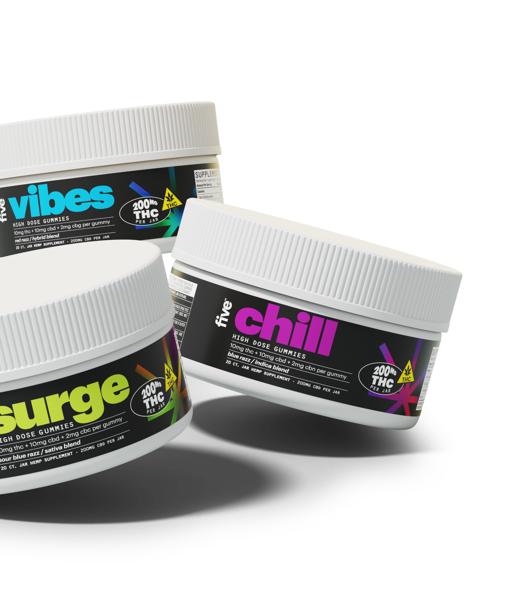 Three white gummy jars labeled 'vibes', 'chill', 'surge'; HIGH DOSE GUMMIES; 200MG THC PER JAR; five