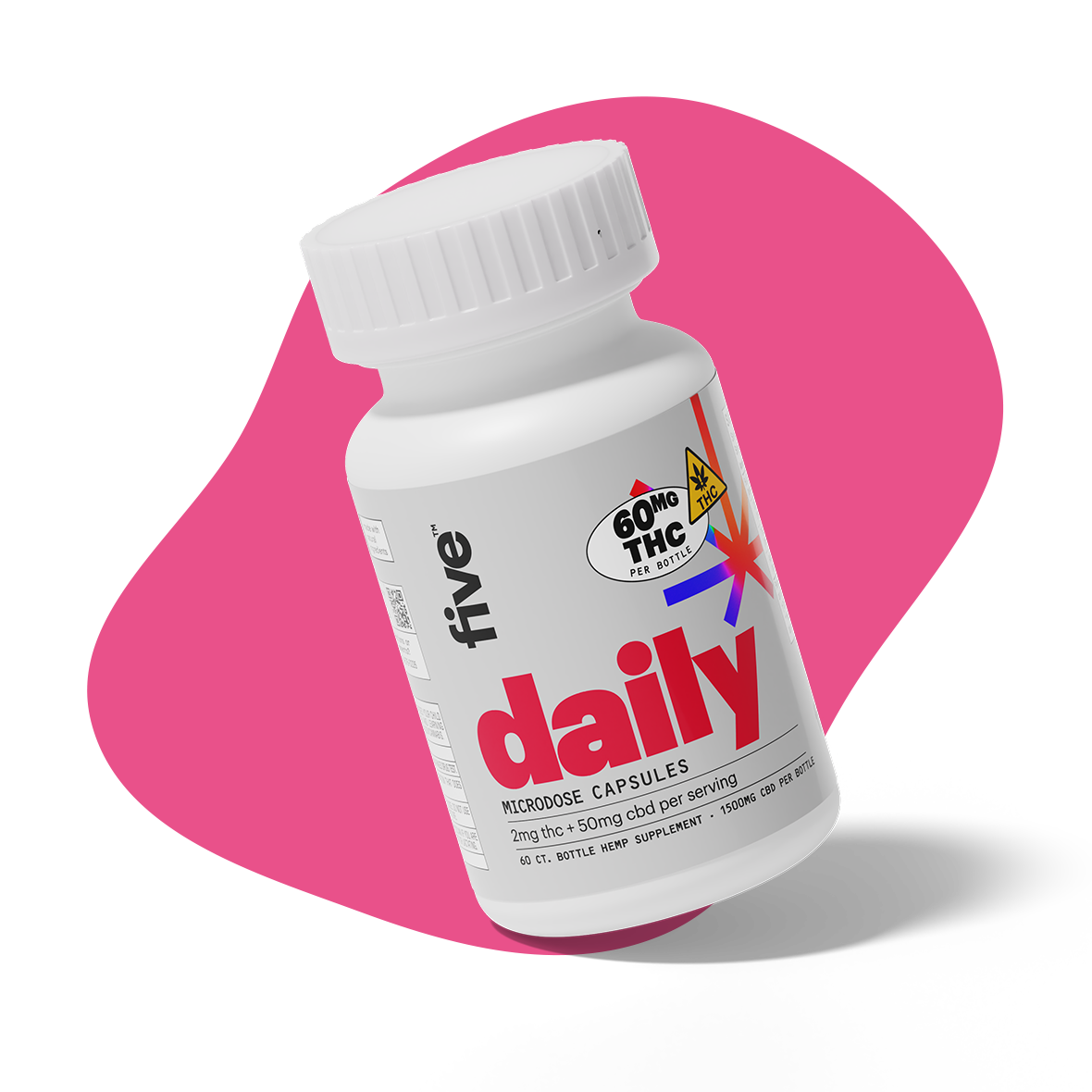 Bottle of Five daily microdose capsules with 60mg THC per bottle, 2mg THC + 50mg CBD per serving, 60 count bottle hemp supplement, 1500mg CBD per bottle