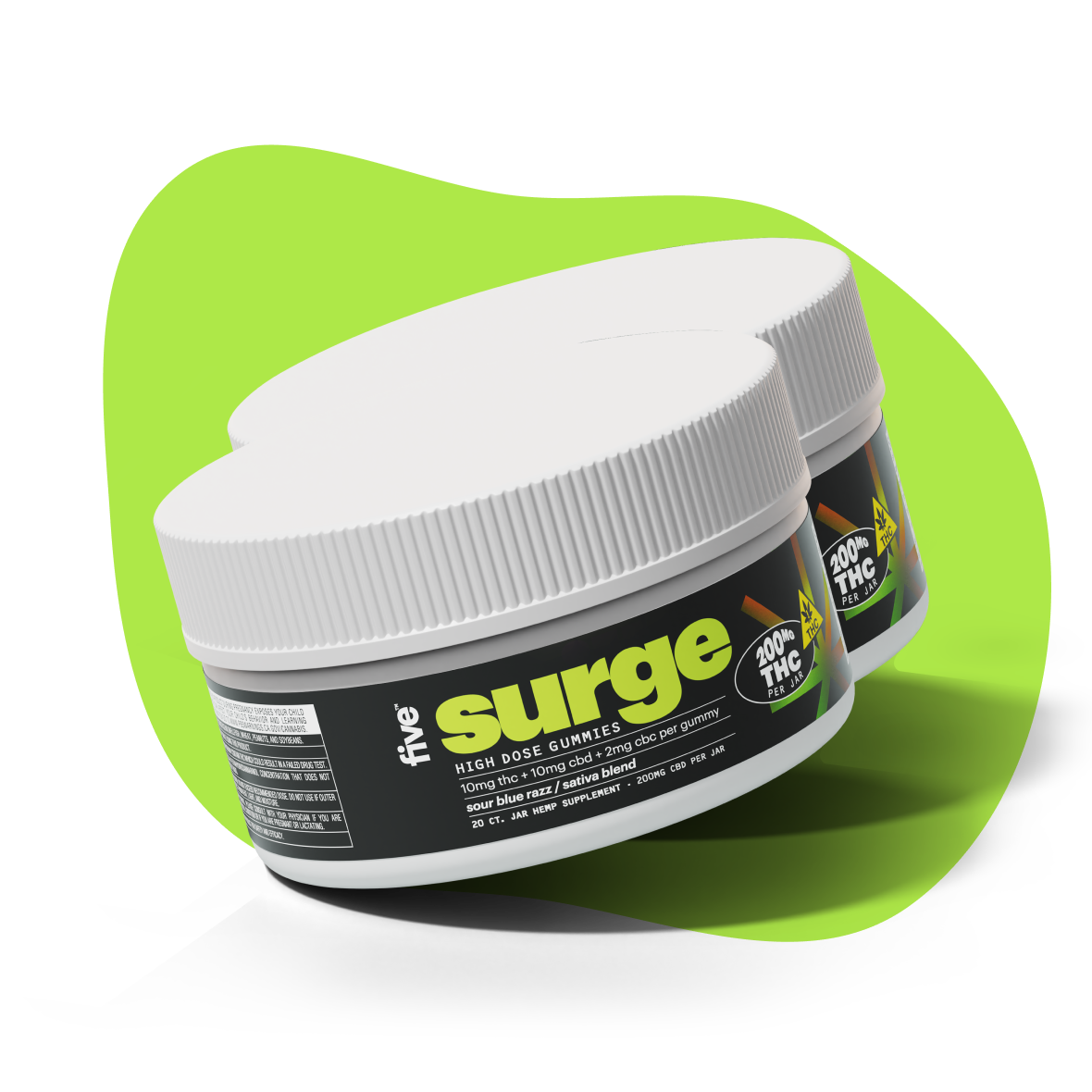Two white-lidded tubs of Sativa Surge gummies; labels read 'surge', 'five', 'HIGH DOSE GUMMIES', '100% THC'.