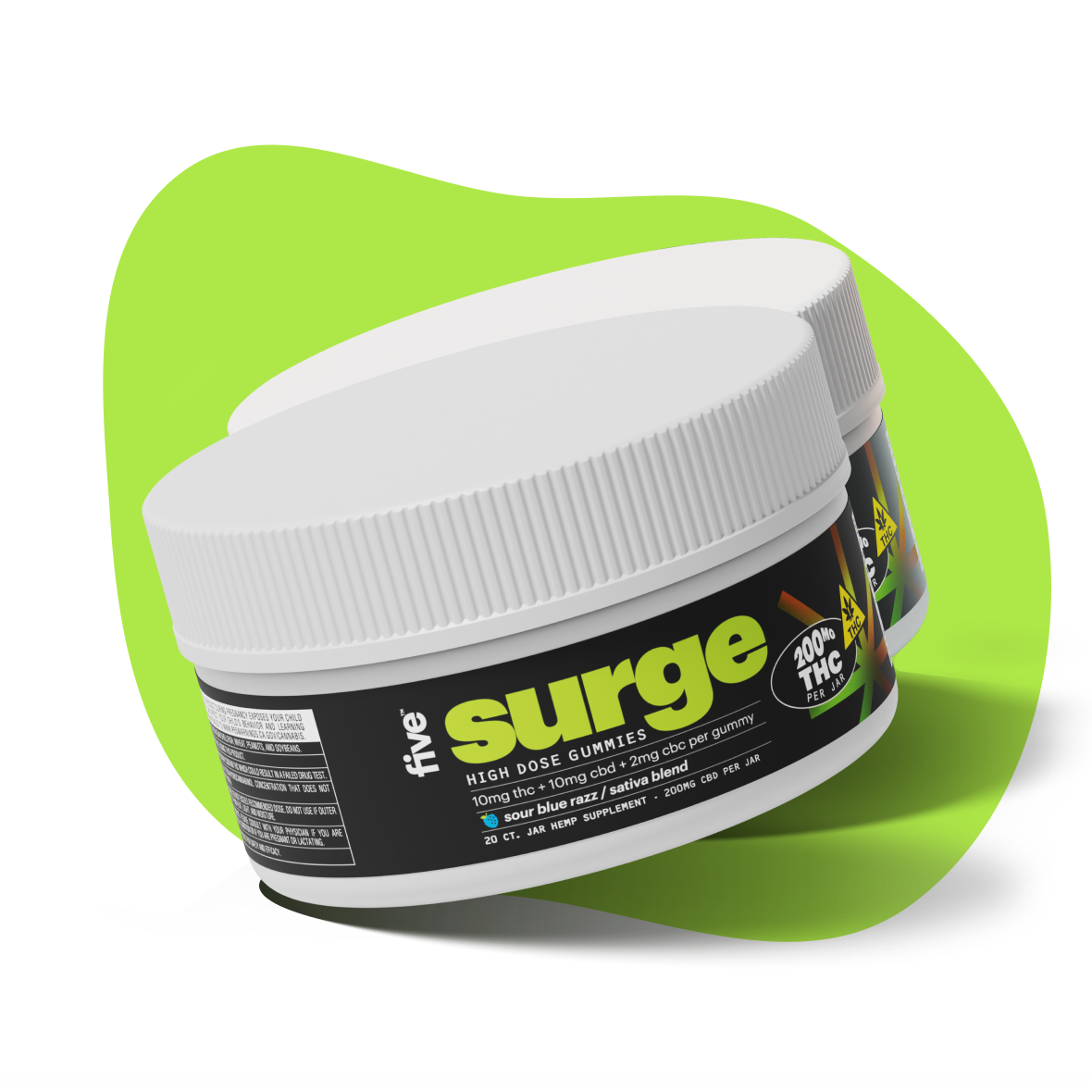 Two white plastic jars with black label reading surge and HIGH DOSE GUMMIES, showing vertical five logo