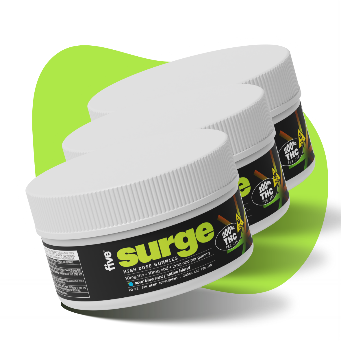 Three white-lidded jars of 'the surge' high dose gummies; black labels read 'the surge', 'HIGH DOSE GUMMIES' and show '100% THC'.