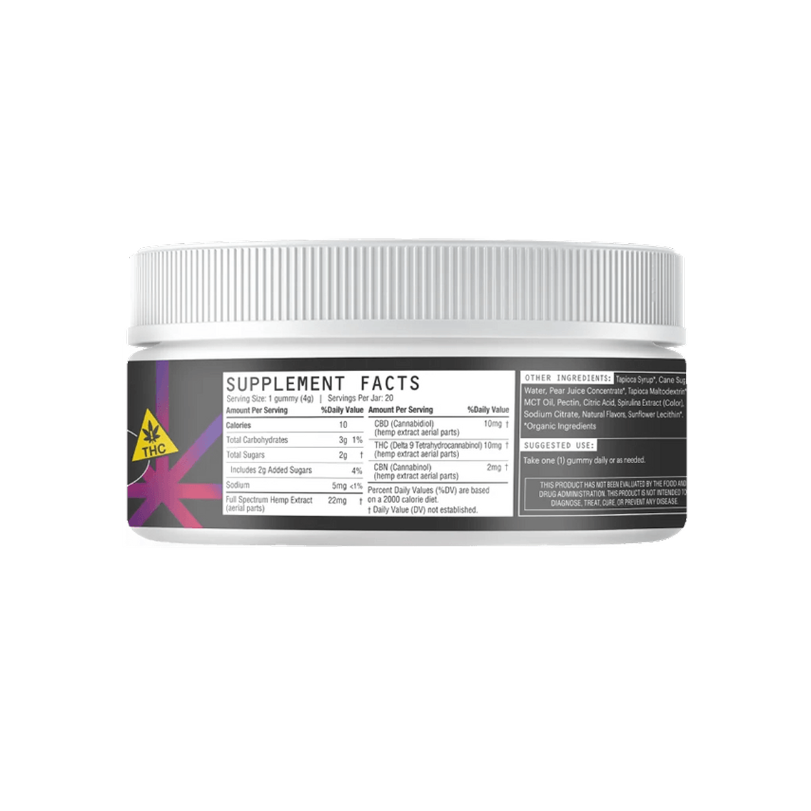 Side view of Indica Chill 10 mg Delta-9 THC gummies jar showing Supplement Facts panel and THC warning on white background
