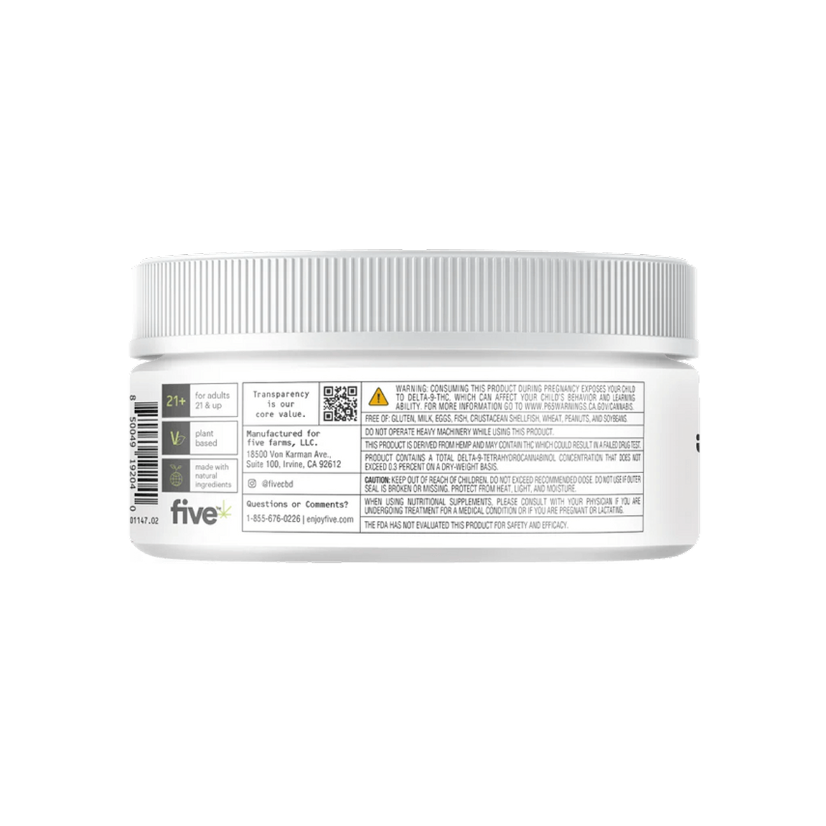 Rear view of Knockout Sleep THC+CBD Gummies jar showing back label with warnings, dosage info and Five logo on white background