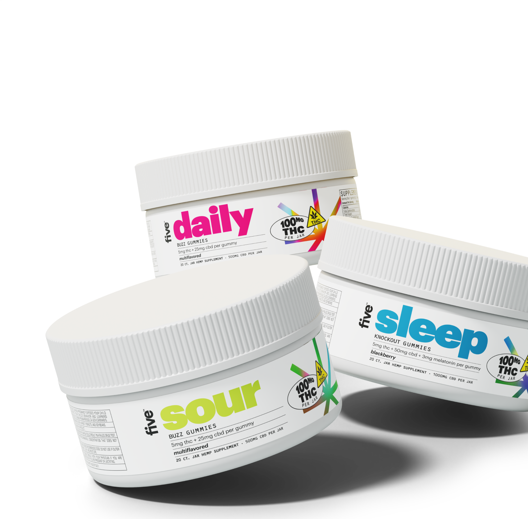 Three five brand gummy jars labeled sour, daily, sleep — BUZZ GUMMIES; KNOCKOUT GUMMIES; 100MG THC PER JAR