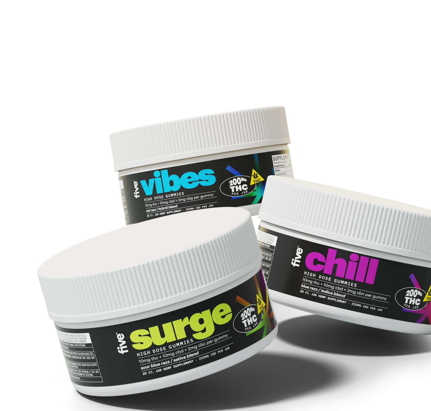 Three white-lidded gummy jars labeled surge, vibes, and chill; each reads 'High Dose Gummies' and '200mg THC per jar'.