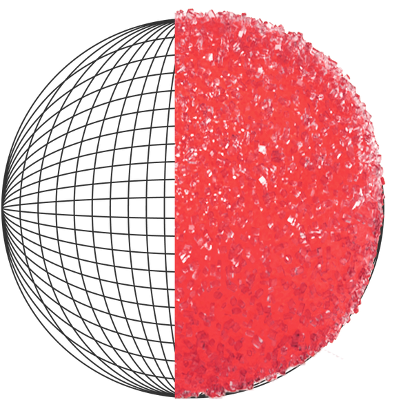 Half black wireframe sphere on the left and a red crystalline-textured hemisphere on the right