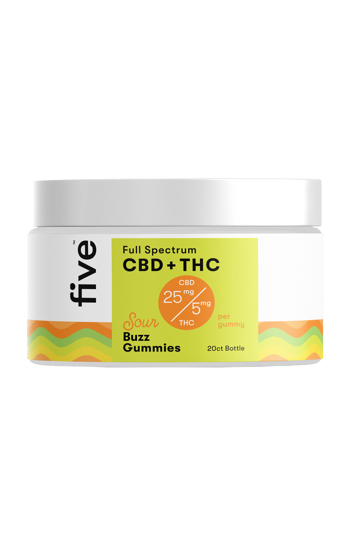 Front view of Full Spectrum CBD + THC Sour Buzz Gummies 20 ct jar showing 25 mg CBD and 5 mg THC per gummy