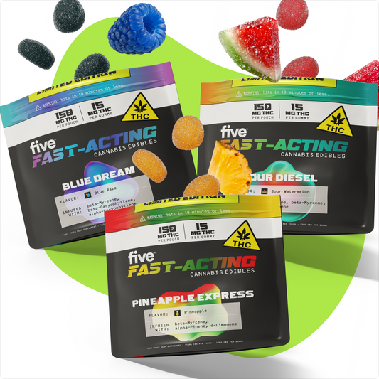 Front view of Five Fast Acting cannabis edibles pouches showing three flavors and 15 mg THC per gummy on a green background
