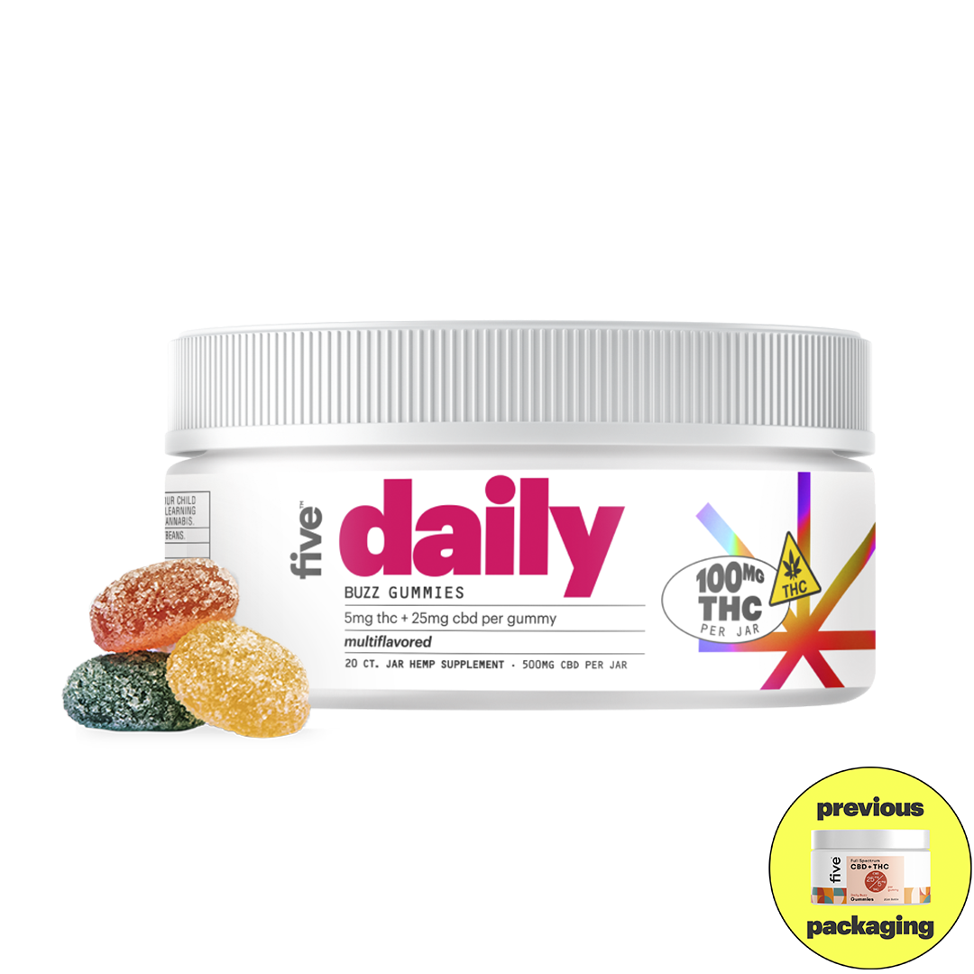 Five Daily Buzz Gummies container with 5mg THC and 25mg CBD per gummy, multflavored, 20 count jar, with three gummies in red, green, and yellow colors shown beside it