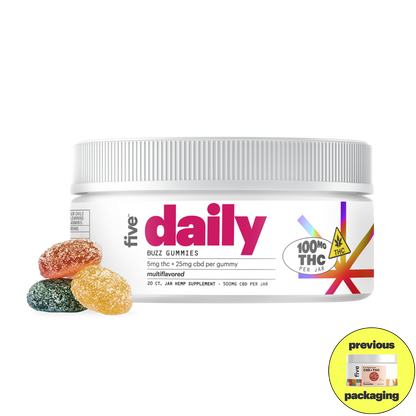 Five Daily Buzz Gummies container with 5mg THC and 25mg CBD per gummy, multflavored, 20 count jar, with three gummies in red, green, and yellow colors shown beside it