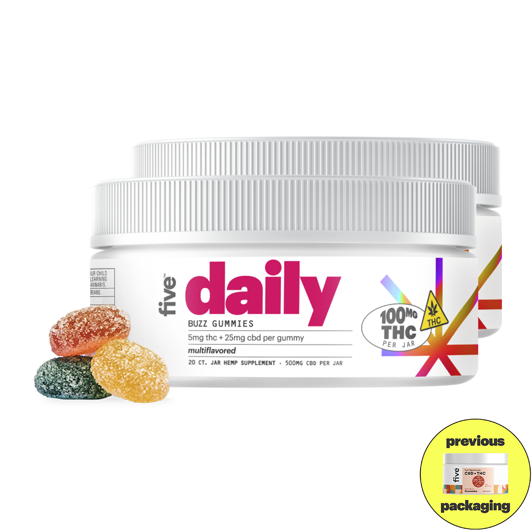 Front view of Five Daily Buzz Gummies jar showing the label word daily, 5 mg THC and 25 mg CBD per gummy and 100 mg THC per jar, with three sugar-coated gummies on white background