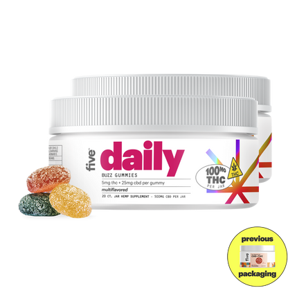 Front view of Five Daily Buzz Gummies jar showing the label word daily, 5 mg THC and 25 mg CBD per gummy and 100 mg THC per jar, with three sugar-coated gummies on white background