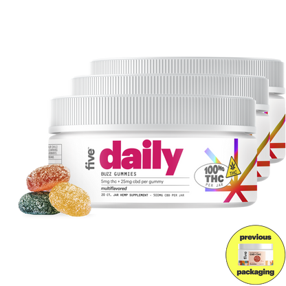 Five Daily Buzz Gummies jar with 5mg THC + 25mg CBD per gummy, 100mg THC per jar, multflavored, with three gummies in front