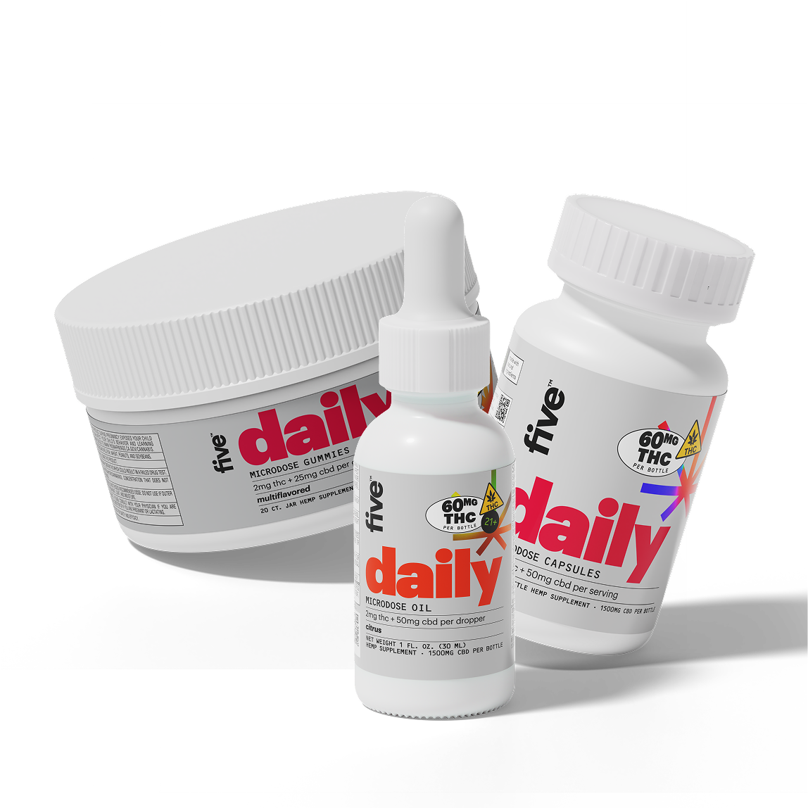 Three five daily microdose products: gummies, oil, and capsules, each labeled with 60mg THC per bottle and CBD content.
