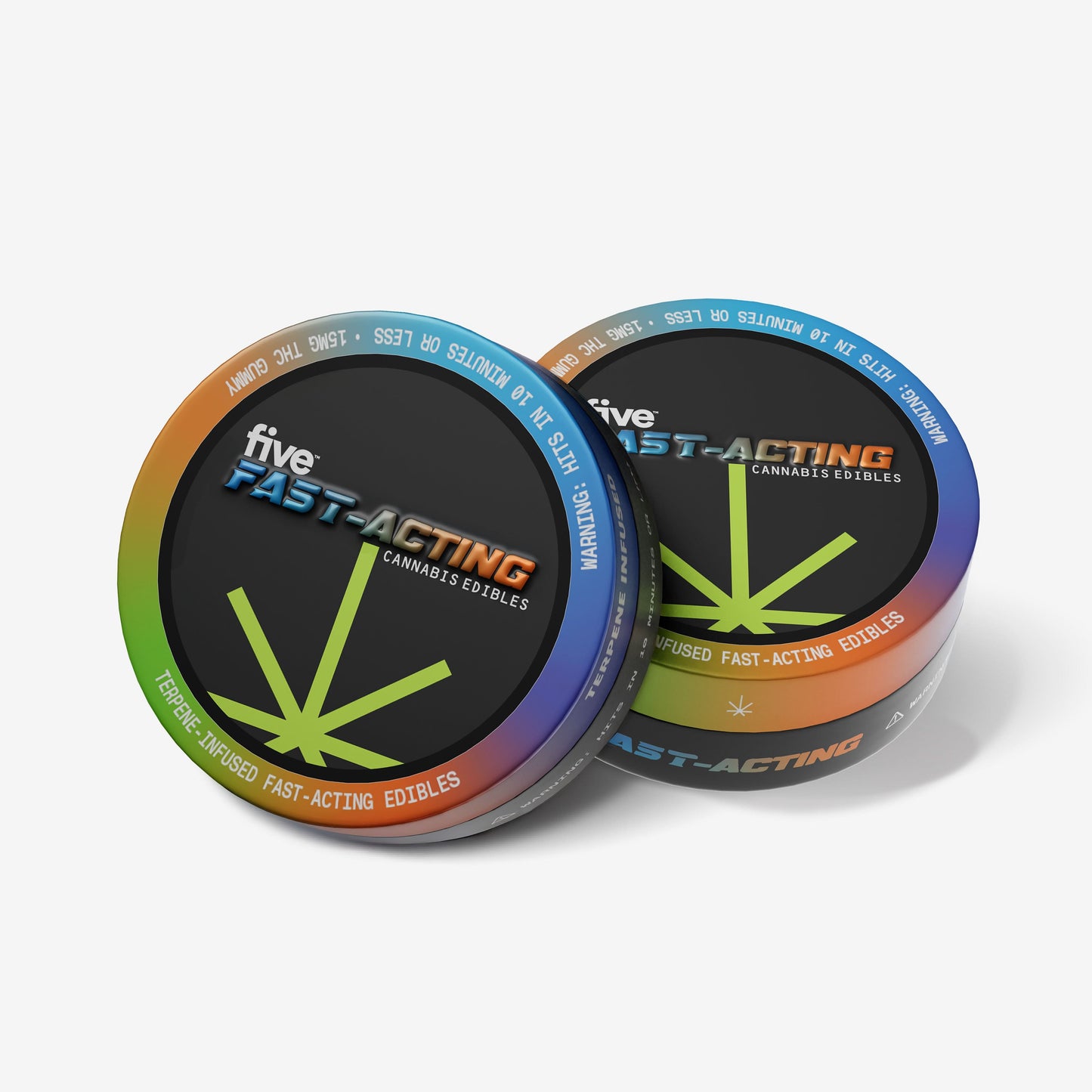 Angled view of two Five Fast-Acting 15mg Quick-Hits tins with rainbow lids and green cannabis leaf on white background