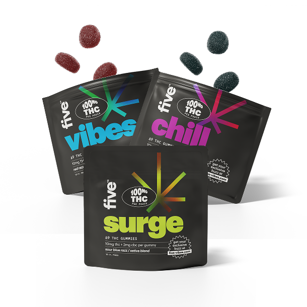 Three five brand gummy pouches labeled 'vibes', 'chill', 'surge' — 100mg THC per pouch; colored gummies visible.