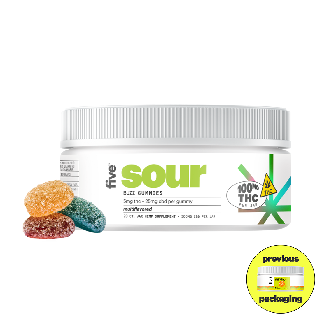 Five Sour Buzz Gummies jar with label showing 5mg THC + 25mg CBD per gummy, 100mg THC per jar, and three colored sugar-coated gummies stacked beside the jar.