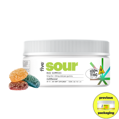 Five Sour Buzz Gummies jar with label showing 5mg THC + 25mg CBD per gummy, 100mg THC per jar, and three colored sugar-coated gummies stacked beside the jar.