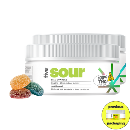 Two white jars of Five Sour Buzz Gummies with gray lids, accompanied by three sugar-coated gummies in orange, blue, and red. The label reads: 'five sour BUZZ GUMMIES 5mg thc + 25mg cbd per gummy multiflavored 20 CT. JAR HEMP SUPPLEMENT 500MG CBD PER JAR 100MG THC PER JAR THC'.