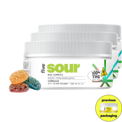Five Buzz Gummies sour flavor jar with 100mg THC per jar label and three sugar-coated gummies in orange, red, and blue colors in front.