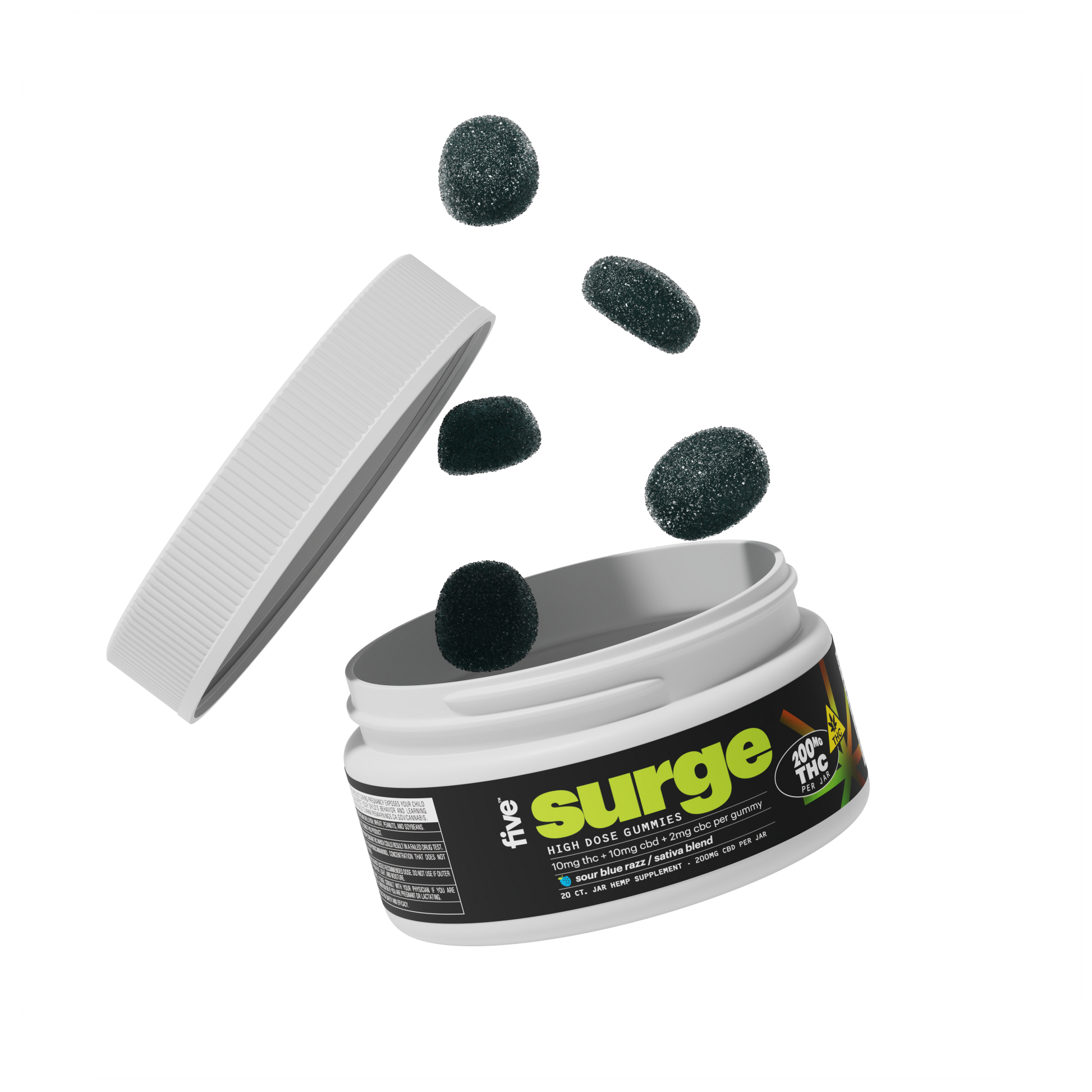 Open jar labeled "the surge" with a THC badge; dark sugar-coated gummies tumbling from the container