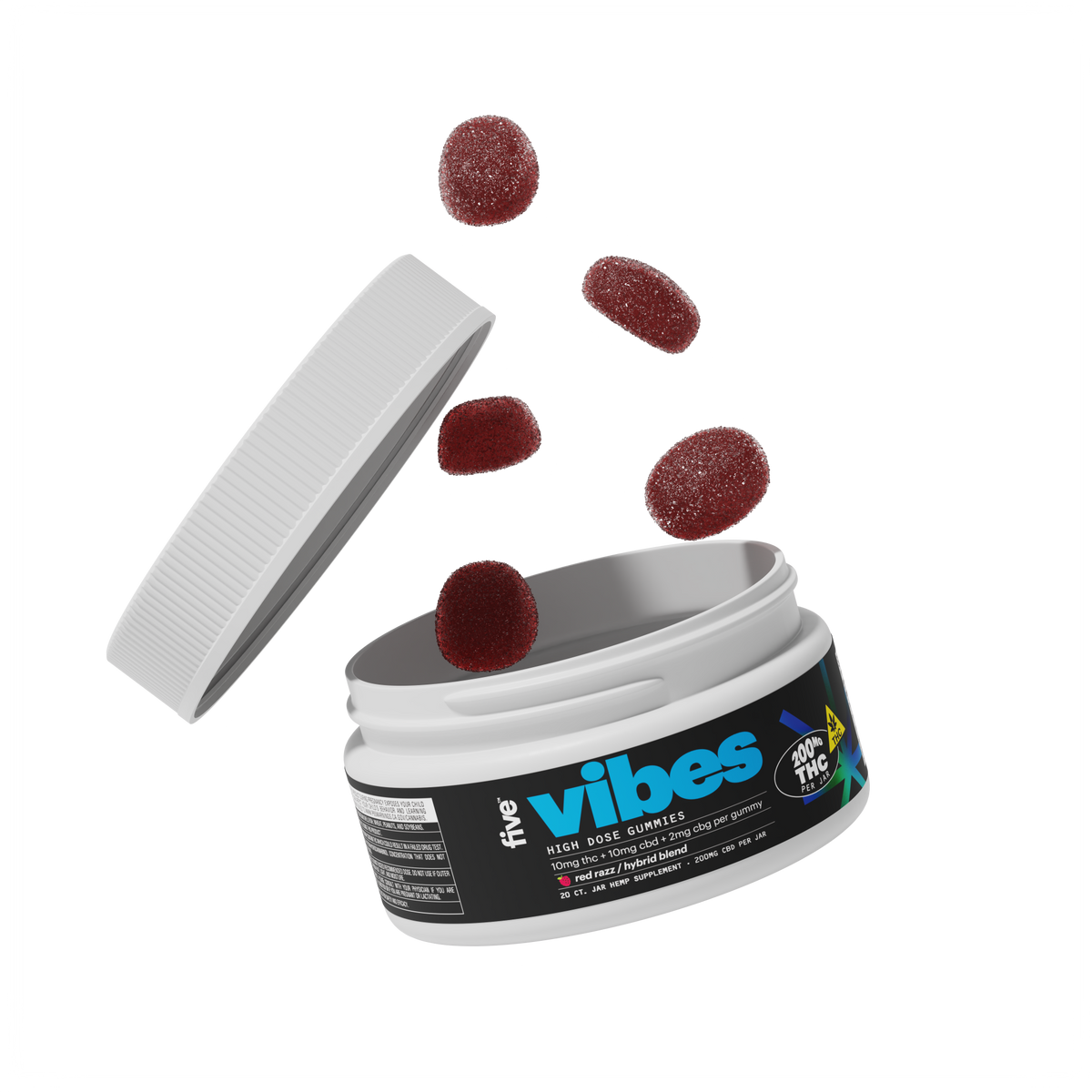 White plastic jar with lid and floating red sugar-coated gummies; jar label reads 'five vibes HIGH DOSE GUMMIES 200mg THC PER JAR'.