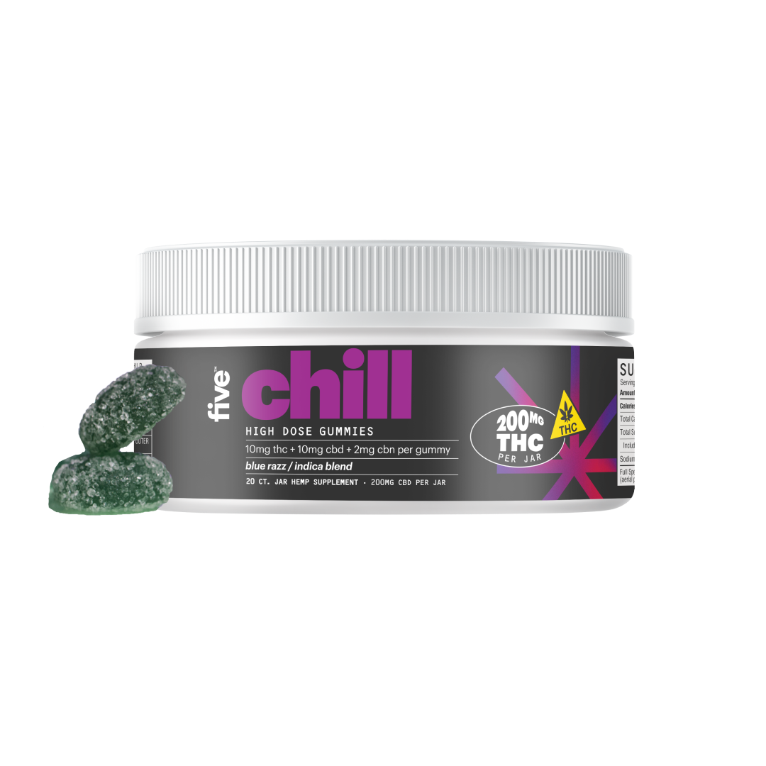 Front of Five Chill gummies jar with chill label and 200mg THC per jar, plus two sugar-coated green gummies on white background