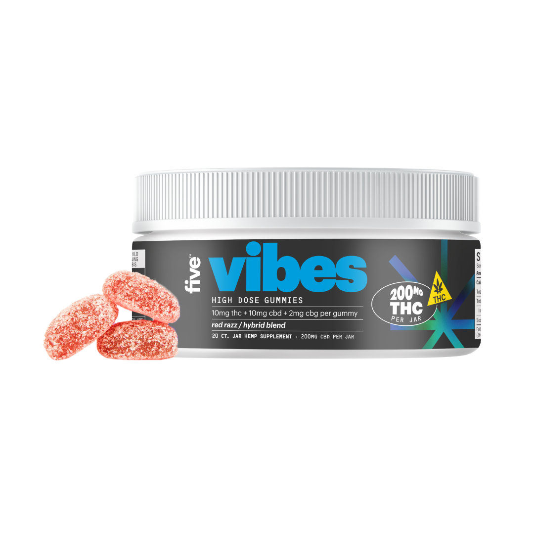 Five Vibes high dose gummies jar with 10mg THC, 10mg CBD, 2mg CBG per gummy, red razz hybrid blend flavor, 200mg THC per jar, and three red sugar-coated gummies shown