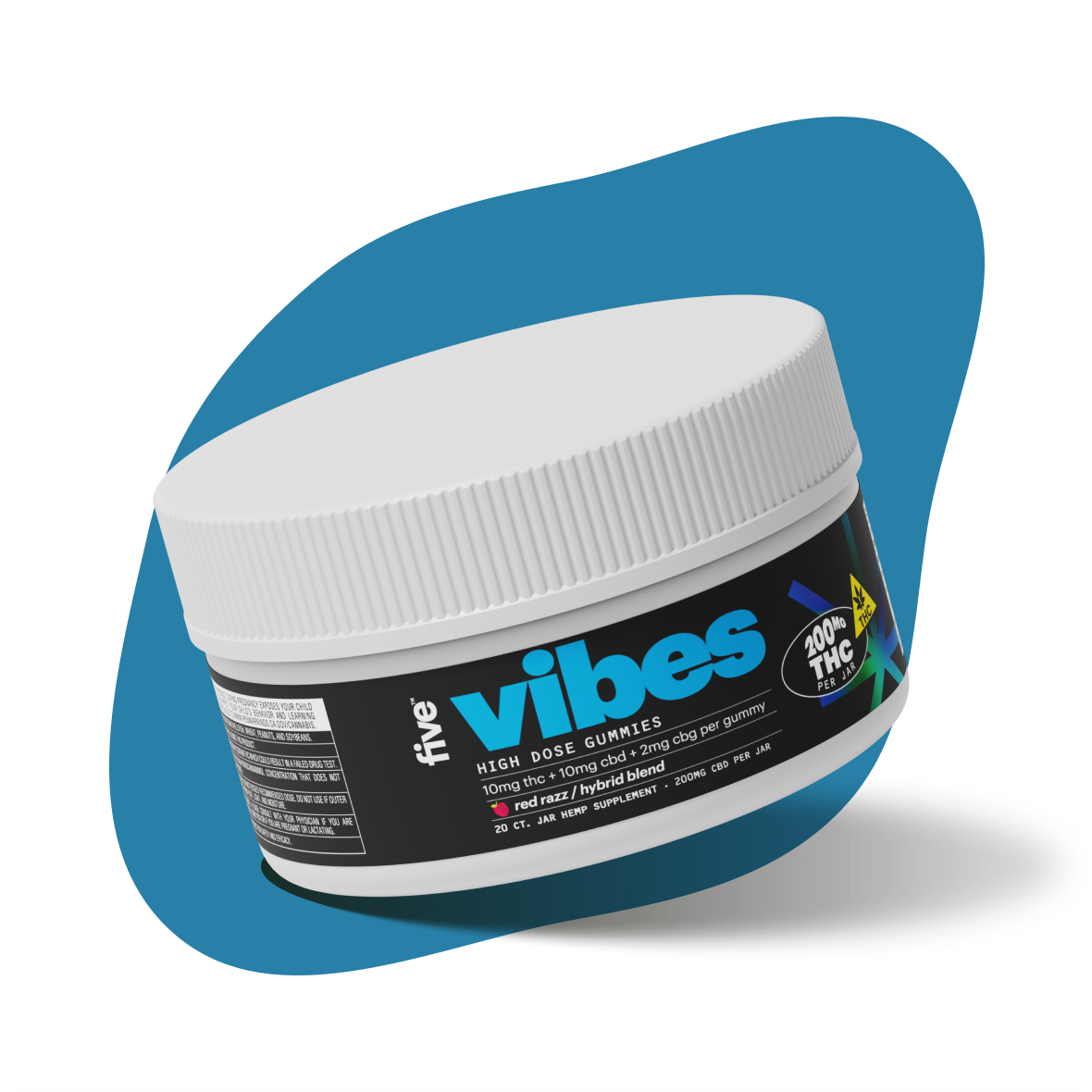 White jar labeled the vibes, HIGH DOSE GUMMIES, and a THC warning badge