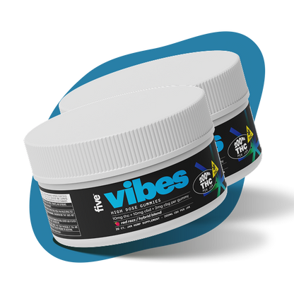 Two white-lidded tubs labeled 'five vibes' — HIGH DOSE GUMMIES; 200mg THC per jar