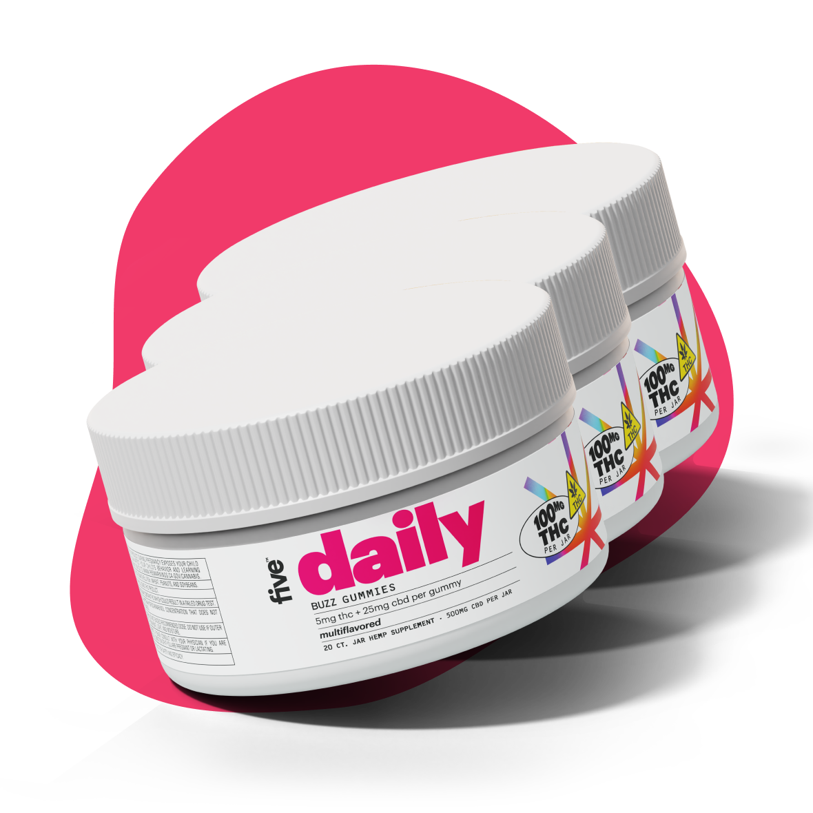 Angled view of three Five Daily Buzz gummy jars showing large daily label and 5 mg THC + 25 mg CBD callout on pink background