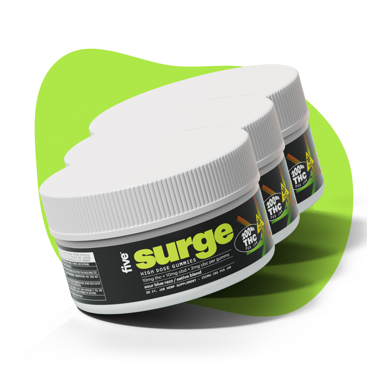 Angled view of three tubs of Five Surge sativa gummies showing the surge label and 200 mg THC badge on a green background