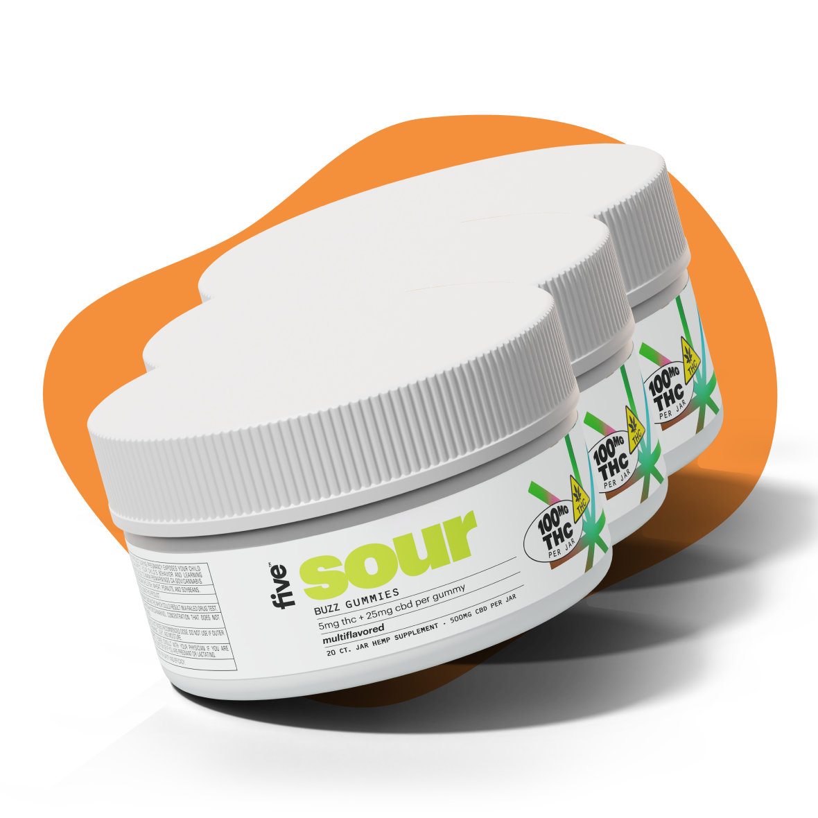 Angled view of three Five CBD Sour gummy jars showing sour label, 5mg THC, 25mg CBD per gummy, and 100mg THC jar badge on orange background