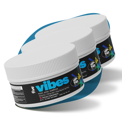 Three jars labeled 'vibes' and 'five', HIGH DOSE GUMMIES, 200mg THC PER JAR