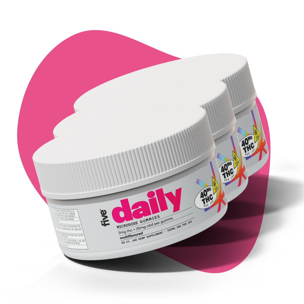 Angled front view of three Daily microdose gummies jars showing bold pink daily label and 40 mg THC per jar badge on a pink background