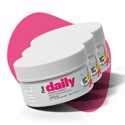 Angled front view of three Daily microdose gummies jars showing bold pink daily label and 40 mg THC per jar badge on a pink background