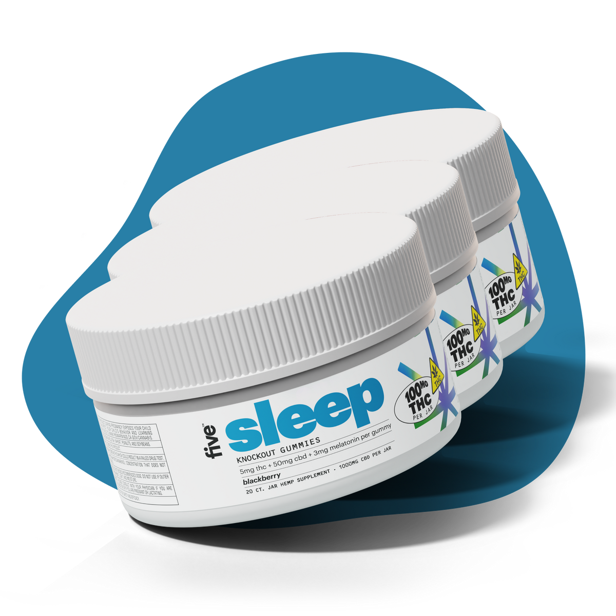 Three jars of five sleep knockout gummies labeled blackberry, containing 5mg THC, 50mg CBD, and 3mg melatonin per gummy. Each jar has 100mg THC per jar and is a 20 count jar hemp supplement.
