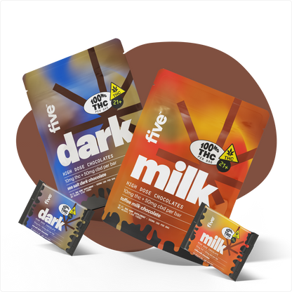 Five dark high dose chocolates sea salt dark chocolate 10mg THC + 50mg CBD per bar 100mg THC per bag 21+ warning; Five milk high dose chocolates toffee milk chocolate 10mg THC + 50mg CBD per bar 100mg THC per bag 21+ warning, with smaller bars shown