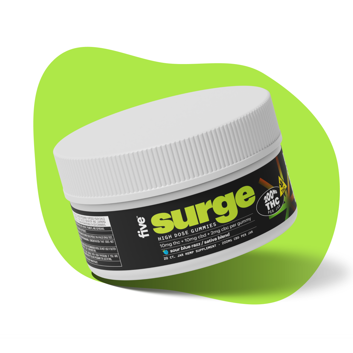 Container of Surge high dose gummies with 10mg THC, brand Five, black label with green background