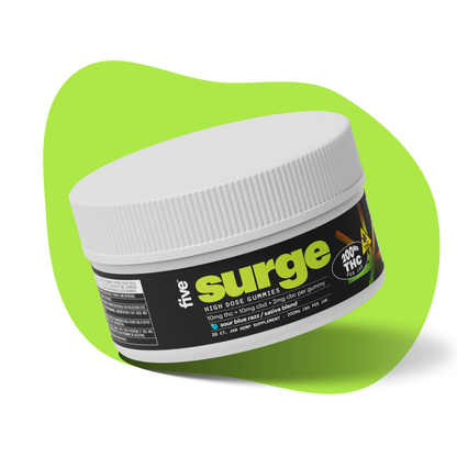 Container of Surge high dose gummies with 10mg THC, brand Five, black label with green background