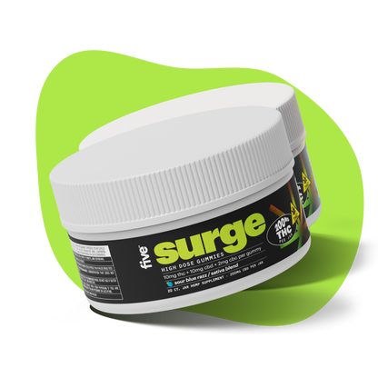 Two white jars labeled 'surge' (five), HIGH DOSE GUMMIES; 10mg thc + 10mg cbd + 2mg cbc per gummy