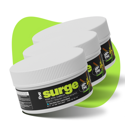 five surge HIGH DOSE GUMMIES 10mg thc + 10mg cbd + 2mg cbc per gummy sour blue razz / sativa blend 200mg THC PER JAR