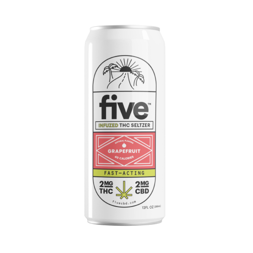 White tall can labeled 'five' with red product panel and hemp-leaf icons, CBD beverage can