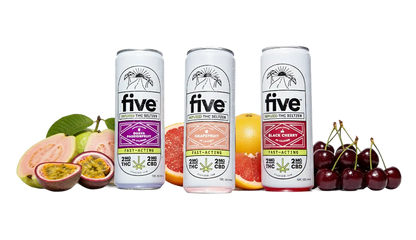 Three cans labeled 'five' INFUSED THC SELTZER - GUAVA PASSIONFRUIT, GRAPEFRUIT, BLACK CHERRY; FAST-ACTING; 2MG THC 2MG CBD