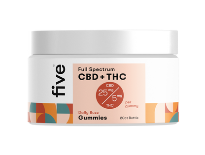 Front view of Full Spectrum CBD + THC Gummies 20-ct bottle showing 25 mg CBD / 5 mg THC per gummy