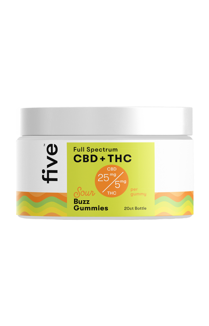 Front view of Full Spectrum CBD + THC Sour Buzz Gummies 20 ct jar showing 25 mg CBD and 5 mg THC per gummy